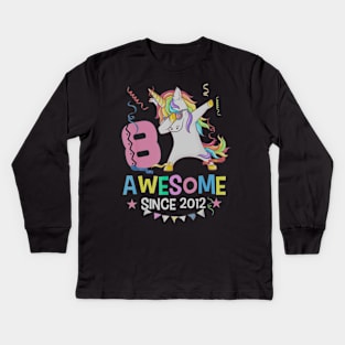 Girls 8th 8yr Birthday Unicorn Dabbing Awesome Since 2012 Kids Long Sleeve T-Shirt